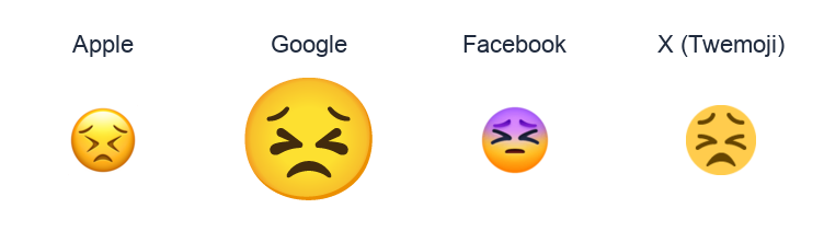Persevering Face emoji artwork compared side by side for Apple, Google Noto, Facebook, and X Twemoji styles on white.
