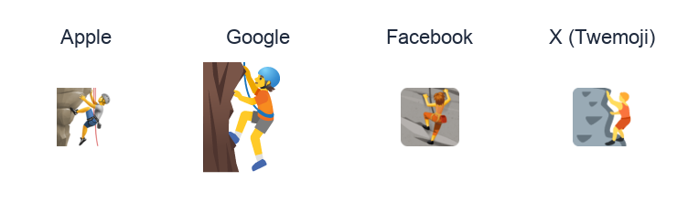 Person Climbing emoji artwork compared side by side for Apple, Google Noto, Facebook, and X Twemoji styles on white.