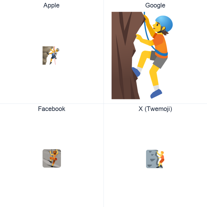 Person Climbing emoji in a square grid: Apple and Google on the top row, Facebook and X Twemoji on the bottom, on white.