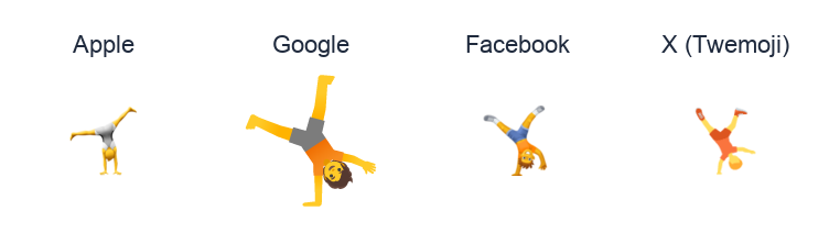 Person Doing Cartwheel emoji artwork compared side by side for Apple, Google Noto, Facebook, and X Twemoji styles on white.