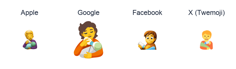 Person Feeding Baby emoji artwork compared side by side for Apple, Google Noto, Facebook, and X Twemoji styles on white.