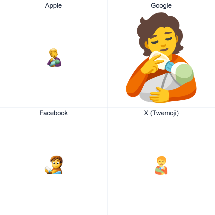 Person Feeding Baby emoji in a square grid: Apple and Google on the top row, Facebook and X Twemoji on the bottom, on white.