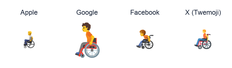 Person In Manual Wheelchair emoji artwork compared side by side for Apple, Google Noto, Facebook, and X Twemoji styles on white.