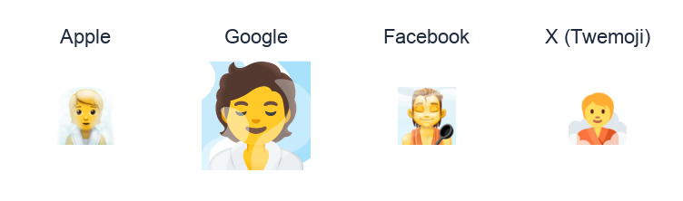 Person In Steamy Room emoji artwork compared side by side for Apple, Google Noto, Facebook, and X Twemoji styles on white.