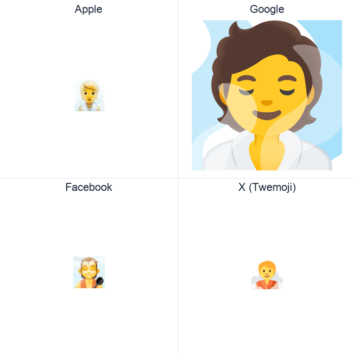 Person In Steamy Room emoji in a square grid: Apple and Google on the top row, Facebook and X Twemoji on the bottom, on white.