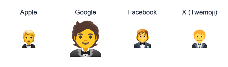 Man In Tuxedo emoji artwork compared side by side for Apple, Google Noto, Facebook, and X Twemoji styles on white.
