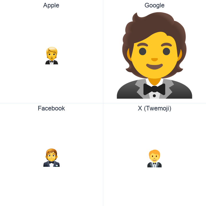 Man In Tuxedo emoji in a square grid: Apple and Google on the top row, Facebook and X Twemoji on the bottom, on white.