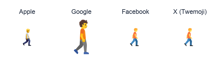 Person Walking Facing Right emoji artwork compared side by side for Apple, Google Noto, Facebook, and X Twemoji styles on white.