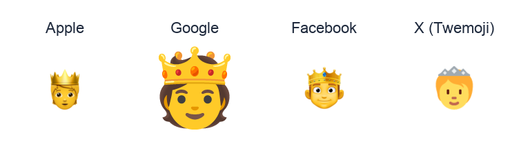 Person With Crown emoji artwork compared side by side for Apple, Google Noto, Facebook, and X Twemoji styles on white.
