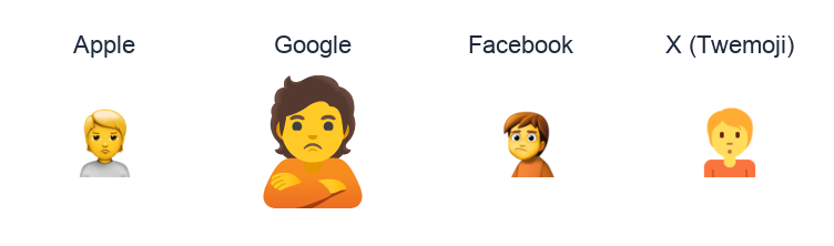 Person With Pouting Face emoji artwork compared side by side for Apple, Google Noto, Facebook, and X Twemoji styles on white.