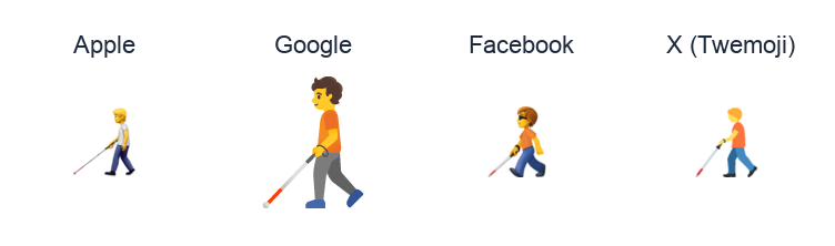 Person With White Cane emoji artwork compared side by side for Apple, Google Noto, Facebook, and X Twemoji styles on white.