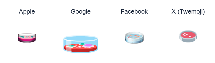Petri Dish emoji artwork compared side by side for Apple, Google Noto, Facebook, and X Twemoji styles on white.
