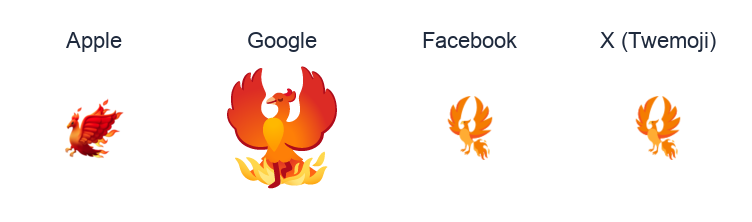 Phoenix emoji artwork compared side by side for Apple, Google Noto, Facebook, and X Twemoji styles on white.