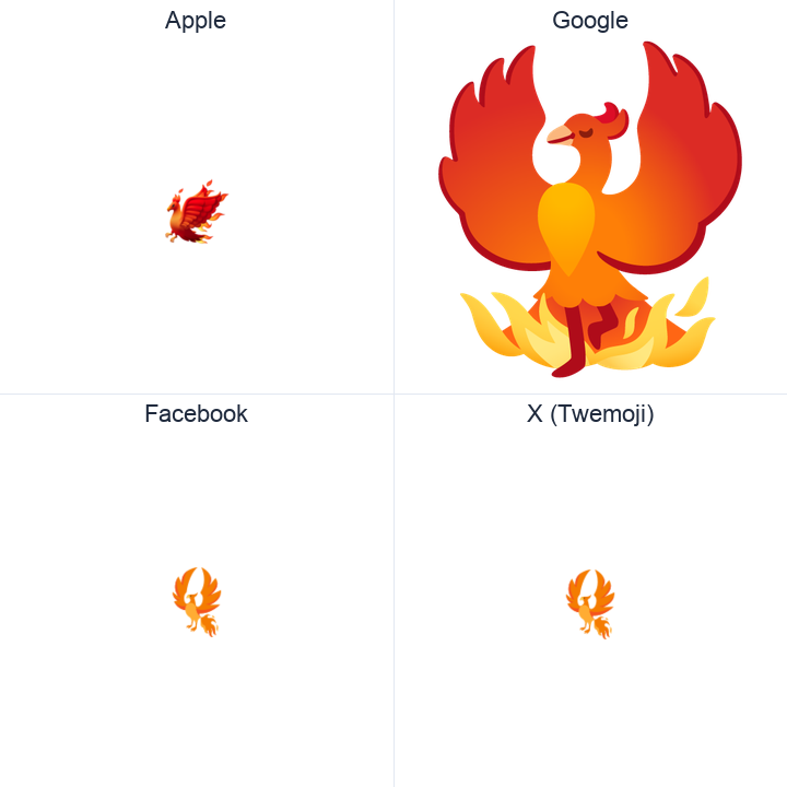 Phoenix emoji in a square grid: Apple and Google on the top row, Facebook and X Twemoji on the bottom, on white.