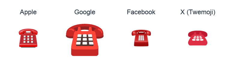 Black Telephone emoji artwork compared side by side for Apple, Google Noto, Facebook, and X Twemoji styles on white.