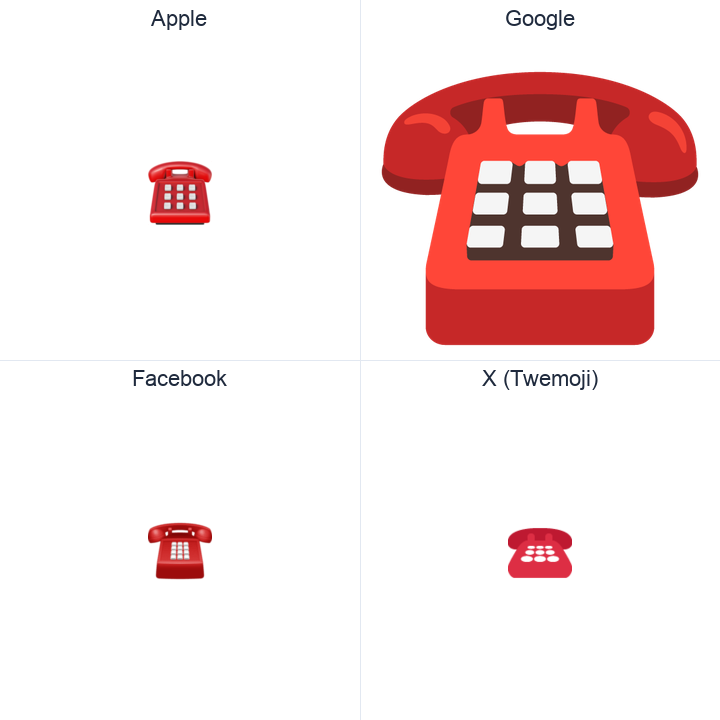 Black Telephone emoji in a square grid: Apple and Google on the top row, Facebook and X Twemoji on the bottom, on white.