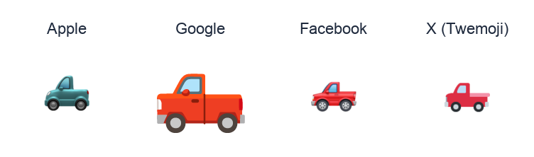 Pickup Truck emoji artwork compared side by side for Apple, Google Noto, Facebook, and X Twemoji styles on white.