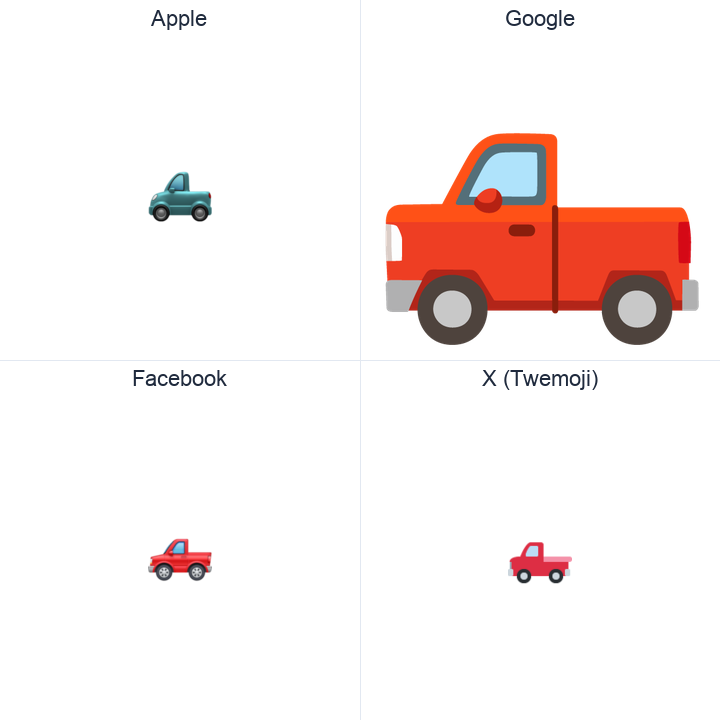 Pickup Truck emoji in a square grid: Apple and Google on the top row, Facebook and X Twemoji on the bottom, on white.