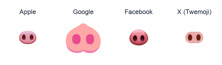Pig Nose emoji artwork compared side by side for Apple, Google Noto, Facebook, and X Twemoji styles on white.