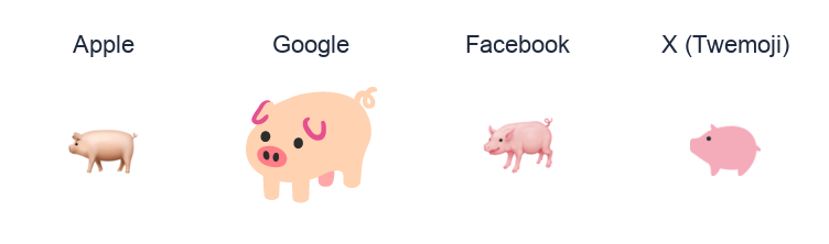 Pig emoji artwork compared side by side for Apple, Google Noto, Facebook, and X Twemoji styles on white.