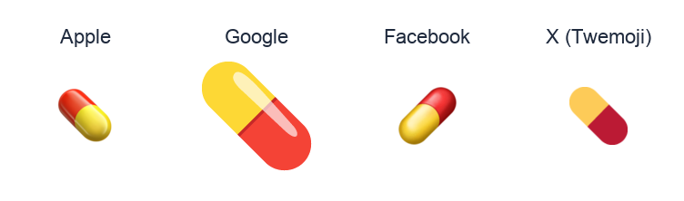 Pill emoji artwork compared side by side for Apple, Google Noto, Facebook, and X Twemoji styles on white.