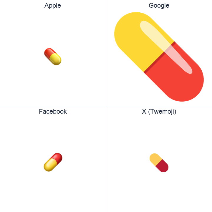 Pill emoji in a square grid: Apple and Google on the top row, Facebook and X Twemoji on the bottom, on white.