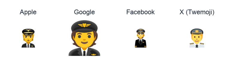 Pilot emoji artwork compared side by side for Apple, Google Noto, Facebook, and X Twemoji styles on white.