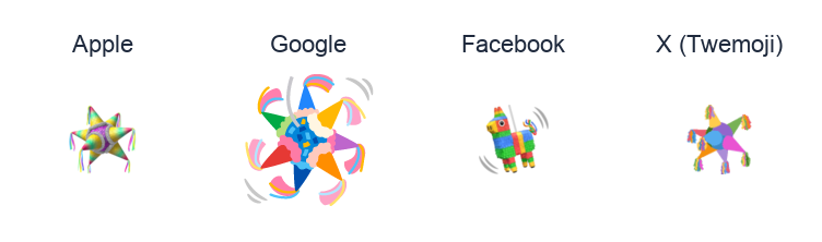 Pinata emoji artwork compared side by side for Apple, Google Noto, Facebook, and X Twemoji styles on white.