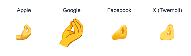 Pinched Fingers emoji artwork compared side by side for Apple, Google Noto, Facebook, and X Twemoji styles on white.