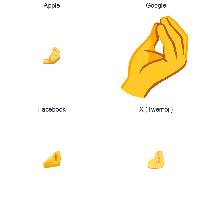 Pinched Fingers emoji in a square grid: Apple and Google on the top row, Facebook and X Twemoji on the bottom, on white.