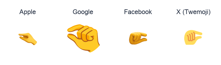 Pinching Hand emoji artwork compared side by side for Apple, Google Noto, Facebook, and X Twemoji styles on white.