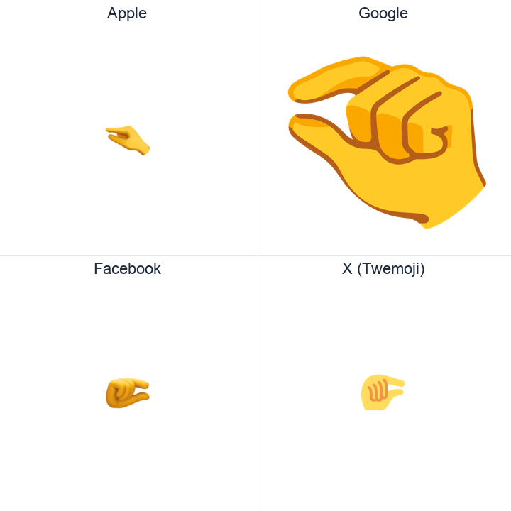 Pinching Hand emoji in a square grid: Apple and Google on the top row, Facebook and X Twemoji on the bottom, on white.