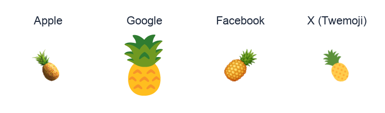 Pineapple emoji artwork compared side by side for Apple, Google Noto, Facebook, and X Twemoji styles on white.