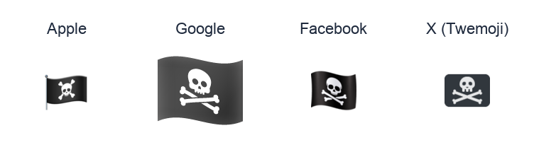 Pirate Flag emoji artwork compared side by side for Apple, Google Noto, Facebook, and X Twemoji styles on white.