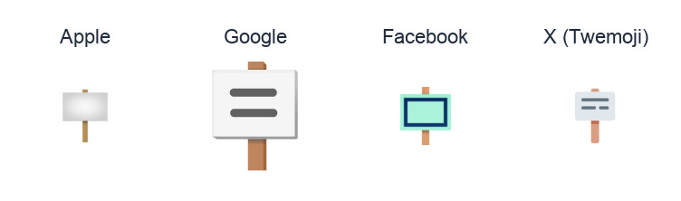 Placard emoji artwork compared side by side for Apple, Google Noto, Facebook, and X Twemoji styles on white.