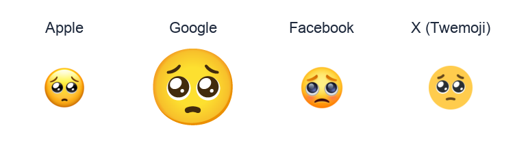 Face With Pleading Eyes emoji artwork compared side by side for Apple, Google Noto, Facebook, and X Twemoji styles on white.