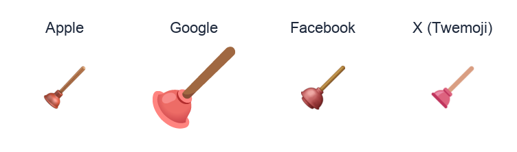 Plunger emoji artwork compared side by side for Apple, Google Noto, Facebook, and X Twemoji styles on white.