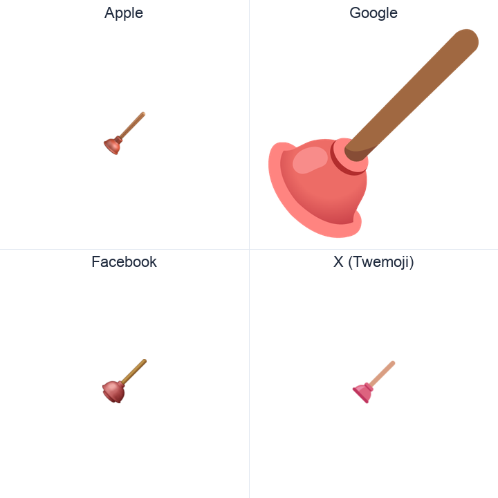 Plunger emoji in a square grid: Apple and Google on the top row, Facebook and X Twemoji on the bottom, on white.