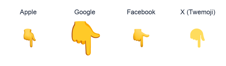White Down Pointing Backhand Index emoji artwork compared side by side for Apple, Google Noto, Facebook, and X Twemoji styles on white.