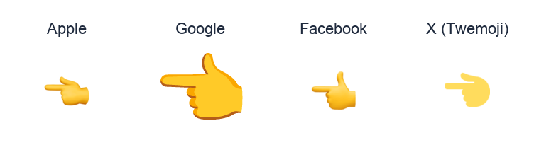 White Left Pointing Backhand Index emoji artwork compared side by side for Apple, Google Noto, Facebook, and X Twemoji styles on white.