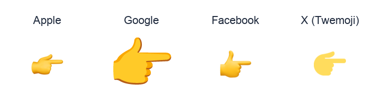White Right Pointing Backhand Index emoji artwork compared side by side for Apple, Google Noto, Facebook, and X Twemoji styles on white.