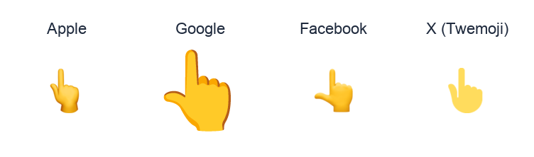 White Up Pointing Backhand Index emoji artwork compared side by side for Apple, Google Noto, Facebook, and X Twemoji styles on white.