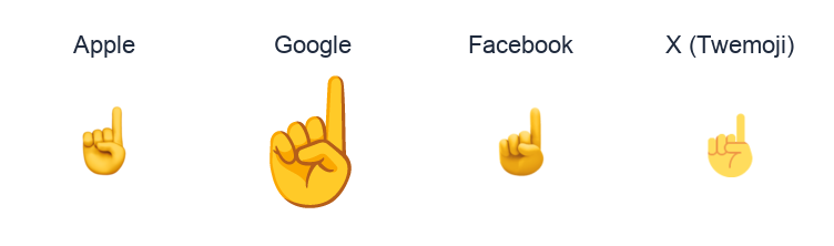 White Up Pointing Index emoji artwork compared side by side for Apple, Google Noto, Facebook, and X Twemoji styles on white.