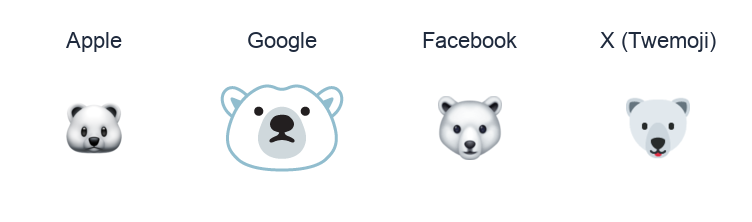 Polar Bear emoji artwork compared side by side for Apple, Google Noto, Facebook, and X Twemoji styles on white.