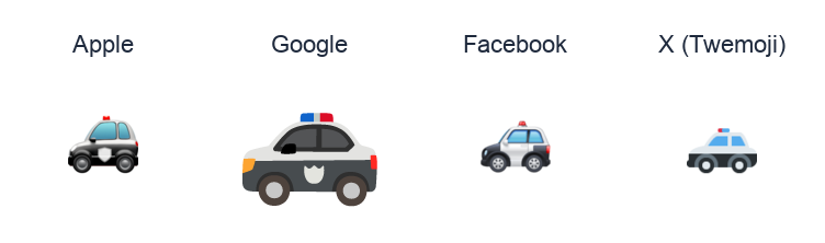 Police Car emoji artwork compared side by side for Apple, Google Noto, Facebook, and X Twemoji styles on white.