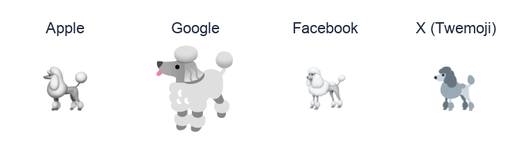 Poodle emoji artwork compared side by side for Apple, Google Noto, Facebook, and X Twemoji styles on white.
