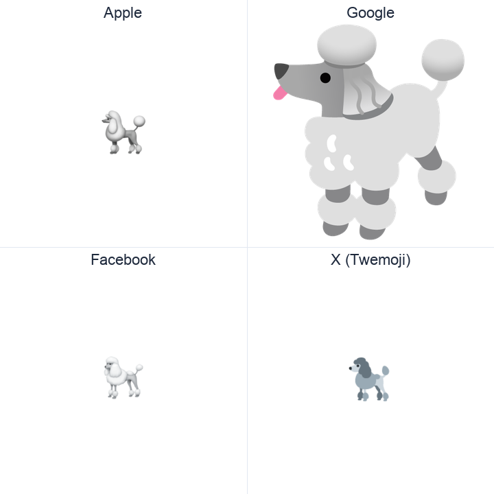 Poodle emoji in a square grid: Apple and Google on the top row, Facebook and X Twemoji on the bottom, on white.
