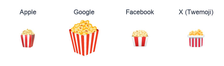 Popcorn emoji artwork compared side by side for Apple, Google Noto, Facebook, and X Twemoji styles on white.