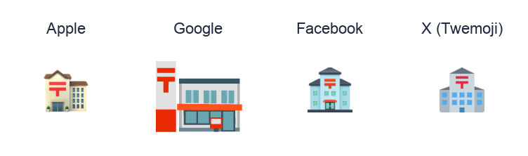 Japanese Post Office emoji artwork compared side by side for Apple, Google Noto, Facebook, and X Twemoji styles on white.