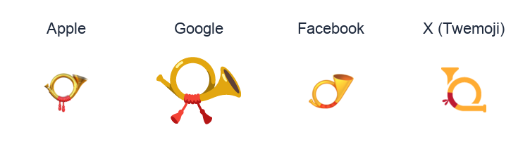 Postal Horn emoji artwork compared side by side for Apple, Google Noto, Facebook, and X Twemoji styles on white.